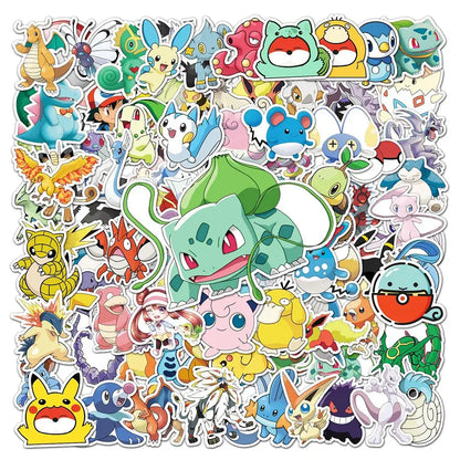 A vibrant collection of colorful waterproof Pokémon Pikachu stickers on adhesive backing for laptops and phones