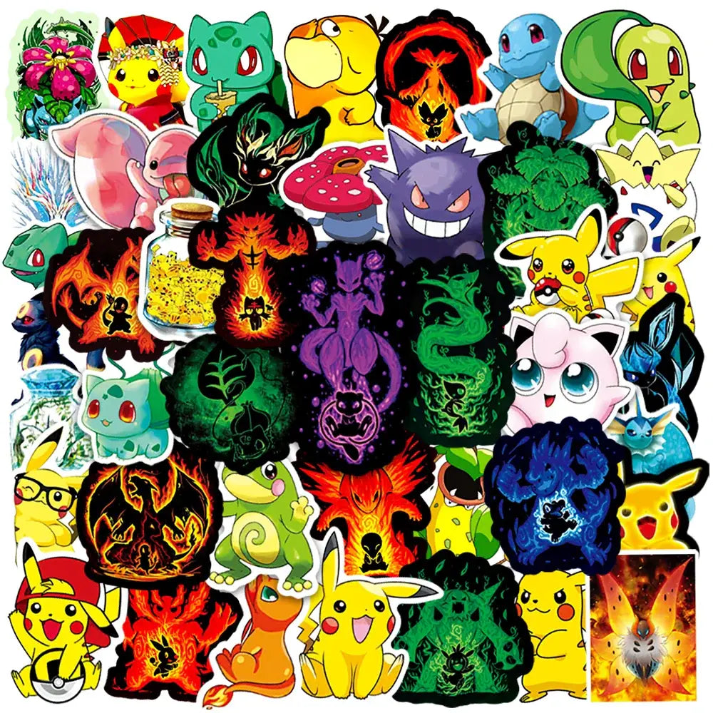 A vibrant pokemon pikachu waterproof sticker pack featuring colorful pikachu bulbasaur and charizard decals for laptops and phones