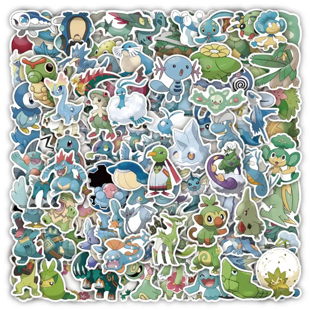 A colorful pokemon pikachu waterproof sticker pack with vibrant greens blues and purples for laptops and phones