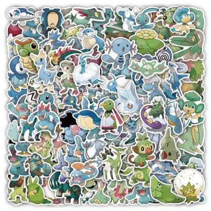 A colorful pokemon pikachu waterproof sticker pack with vibrant greens blues and purples for laptops and phones