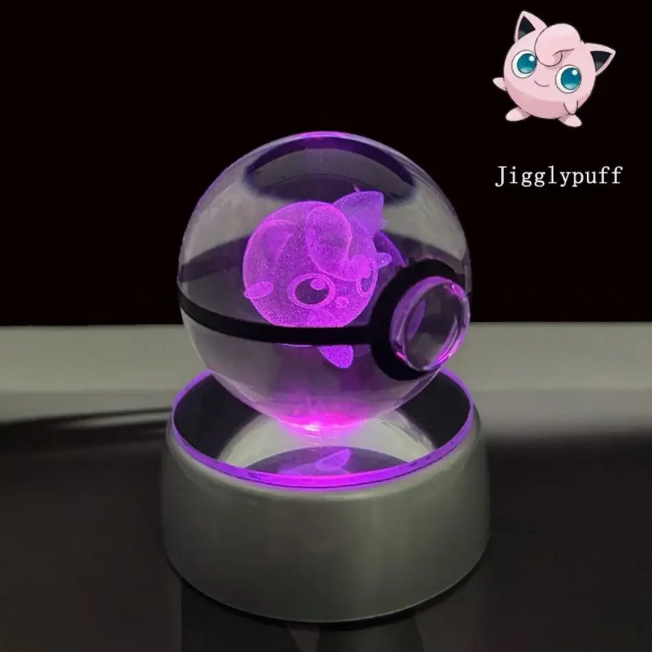 Pokemon pokeball led night light featuring a glowing purple jigglypuff crystal ball illuminated from within