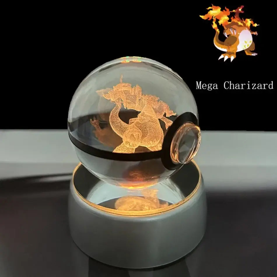 A glowing transparent glass crystal ball poké ball with an engraved mega charizard design illuminated inside