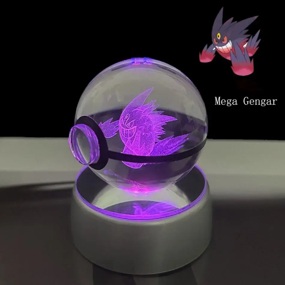 Pokemon pokeball led night light featuring a glowing purple mega gengar inside a transparent crystal ball