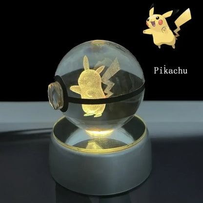 Pokemon pokeball led night light with golden pikachu figurine inside illuminated crystal ball lamp with black bands