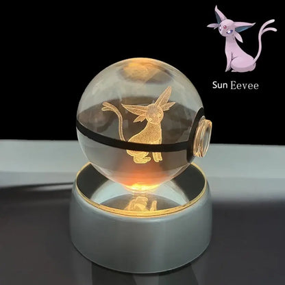 Pokemon pokeball led night light 3d crystal ball lamp with glowing transparent design and golden eevee silhouette illuminated