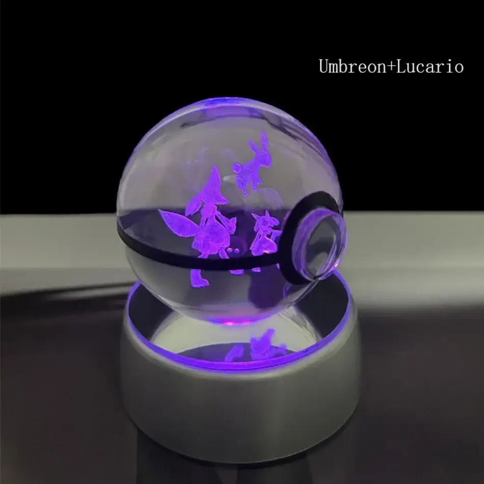 Pokemon pokeball led night light crystal ball with glowing purple umbreon and lucario silhouettes in clear glass sphere