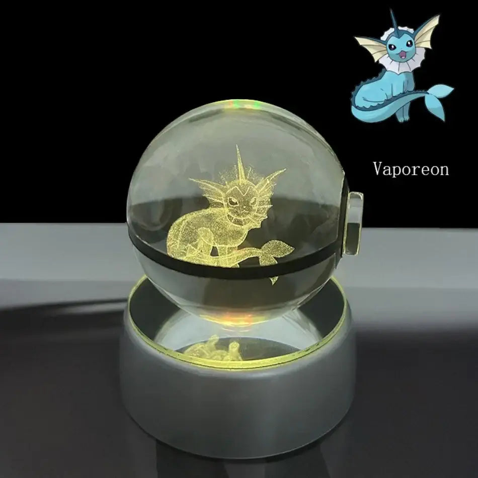 Pokemon pokeball led night light featuring a glowing golden vaporeon crystal ball hologram in a transparent sphere