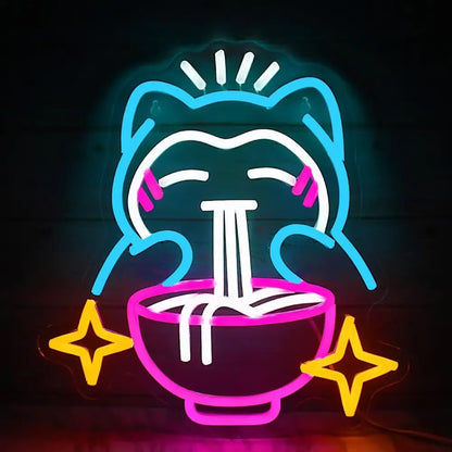 Pokemon ramen led neon light featuring a blue cartoon cat eating noodles in pink bowl ideal for kitchen or game room wall decor