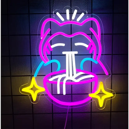 Pokemon ramen led neon light featuring a pink and blue cartoon cat holding noodles perfect for kitchen or game room decor
