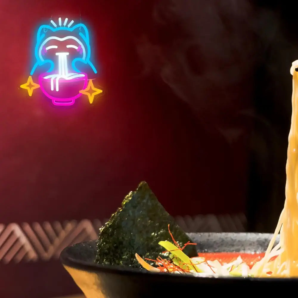 Pokemon ramen led neon light featuring a steaming bowl with dark green nori and colorful toppings for game room decor