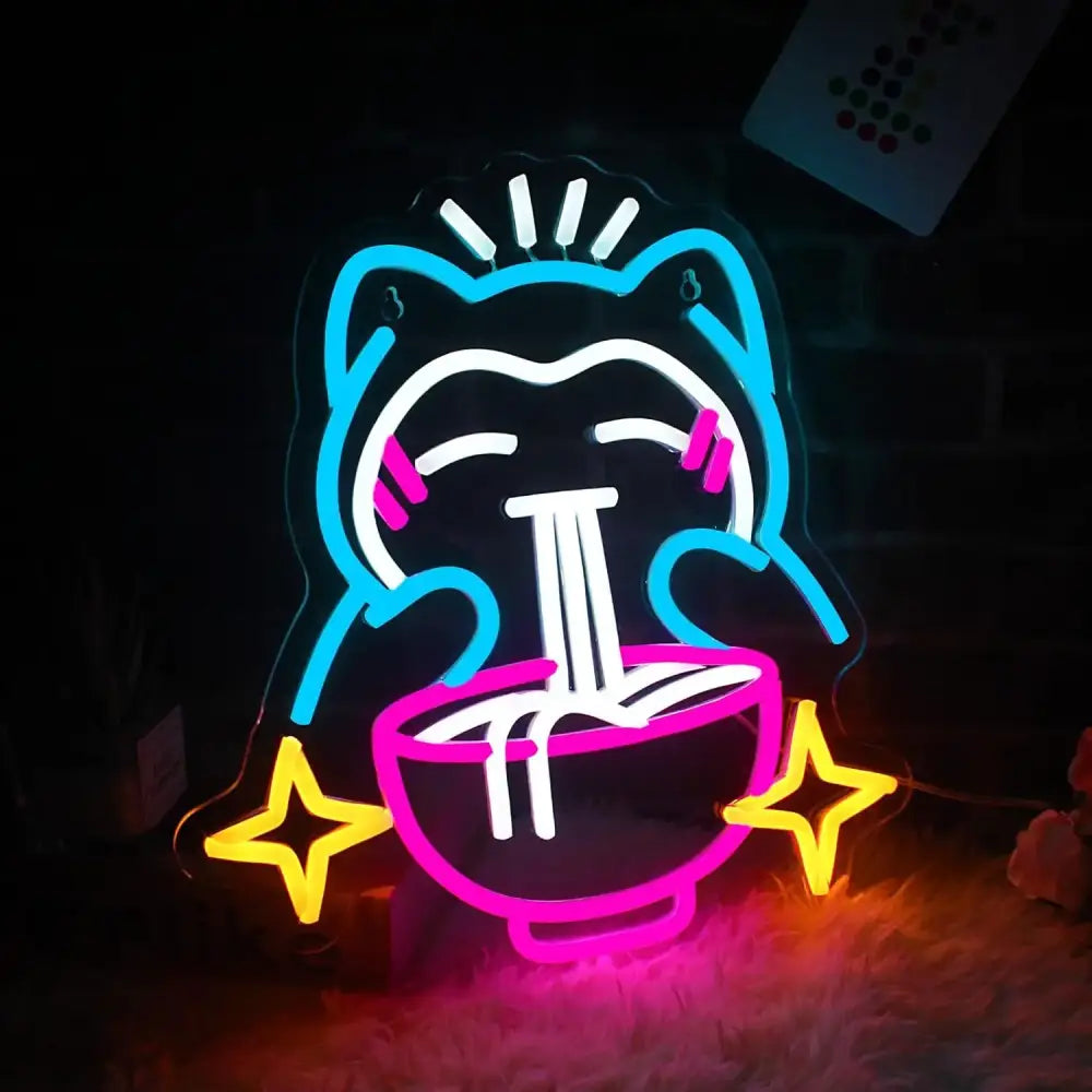 Pokemon ramen led neon light in blue and pink shaped like a cat holding noodles perfect for kitchen or game room neon light decor