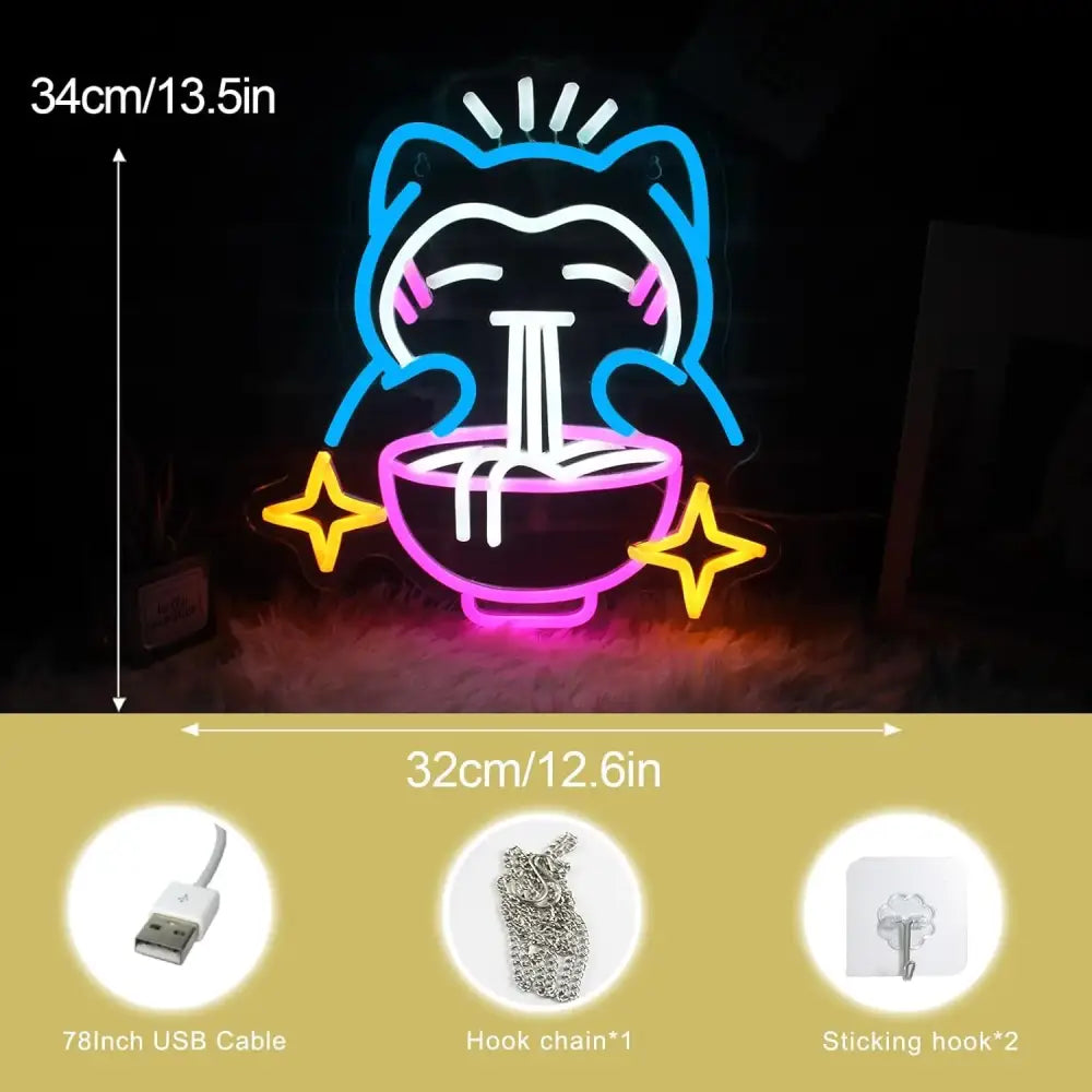 Pokemon ramen led neon sign featuring a dimmable led neon cat eating noodles with blue, pink, and yellow accents