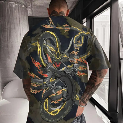 Dark navy pokemon rayquaza graphic tee with bold black dragon and glowing yellow orange flame accents short sleeves