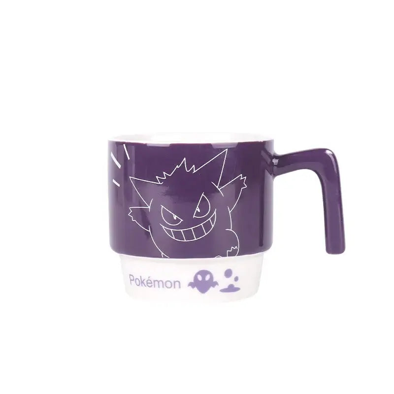 Purple and white two toned ceramic mug featuring a stylized gengar illustration in white line art on purple upper section
