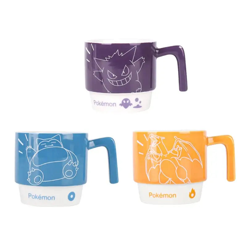 Purple blue and orange ceramic mugs with white pokémon line art and pokémon logo stackable kawaii style ceramic mug