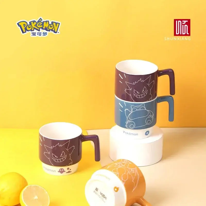 Purple ceramic mug featuring a white line-art gengar illustration from the pokémon snorlax ceramic mug collection