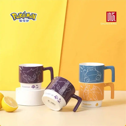 Purple and white ceramic mug featuring gengar snorlax and charizard with bold outlines in stackable kawaii style