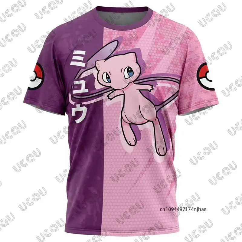 Vibrant pink and purple mew two tone t-shirt with detailed 3d snorlax print and japanese text for visual appeal