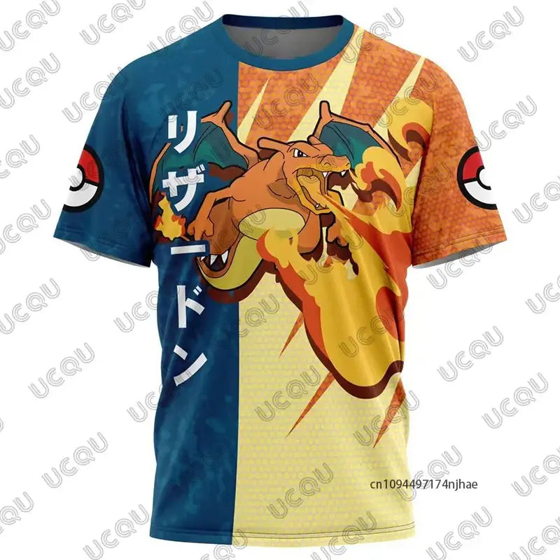 Adult and kids vibrant half-blue half-orange short-sleeved t-shirt with 3d charizard print and pokémon sleeve logos for snorlax print visual appeal