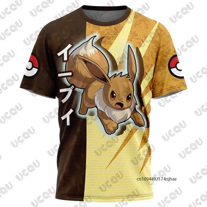 Brown and yellow short-sleeved t-shirt with eevee 3d print and japanese text for snorlax print visual appeal