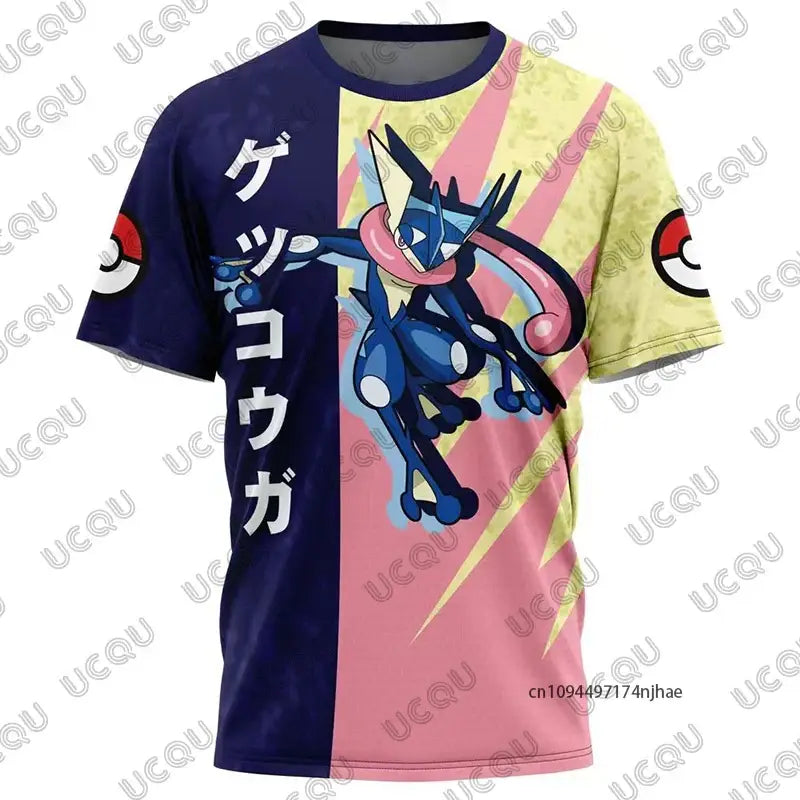Pokémon Snorlax print t-shirt with vibrant blue and pink 3d-printed greninja and dynamic lightning effects for visual appeal