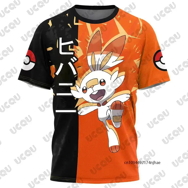 Orange and black short-sleeved t-shirt with 3d scorbunny design and japanese text enhancing snorlax print visual appeal