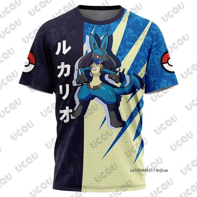 Blue and black short-sleeved t-shirt with detailed 3d print of lucario and japanese text enhances snorlax print visual appeal