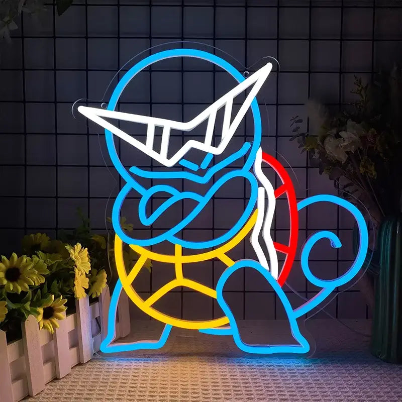 Pokemon squirtle led neon sign with blue outline yellow and red shell accents usb dimmable led neon sign