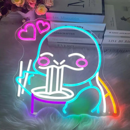 A glowing neon sign featuring a cartoon squirtle with heart eyes and pink hearts in a pokemon squirtle led night light