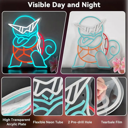 Pokemon squirtle neon sign with teal and orange flexible tubing on translucent acrylic usb dimmable led wall decor