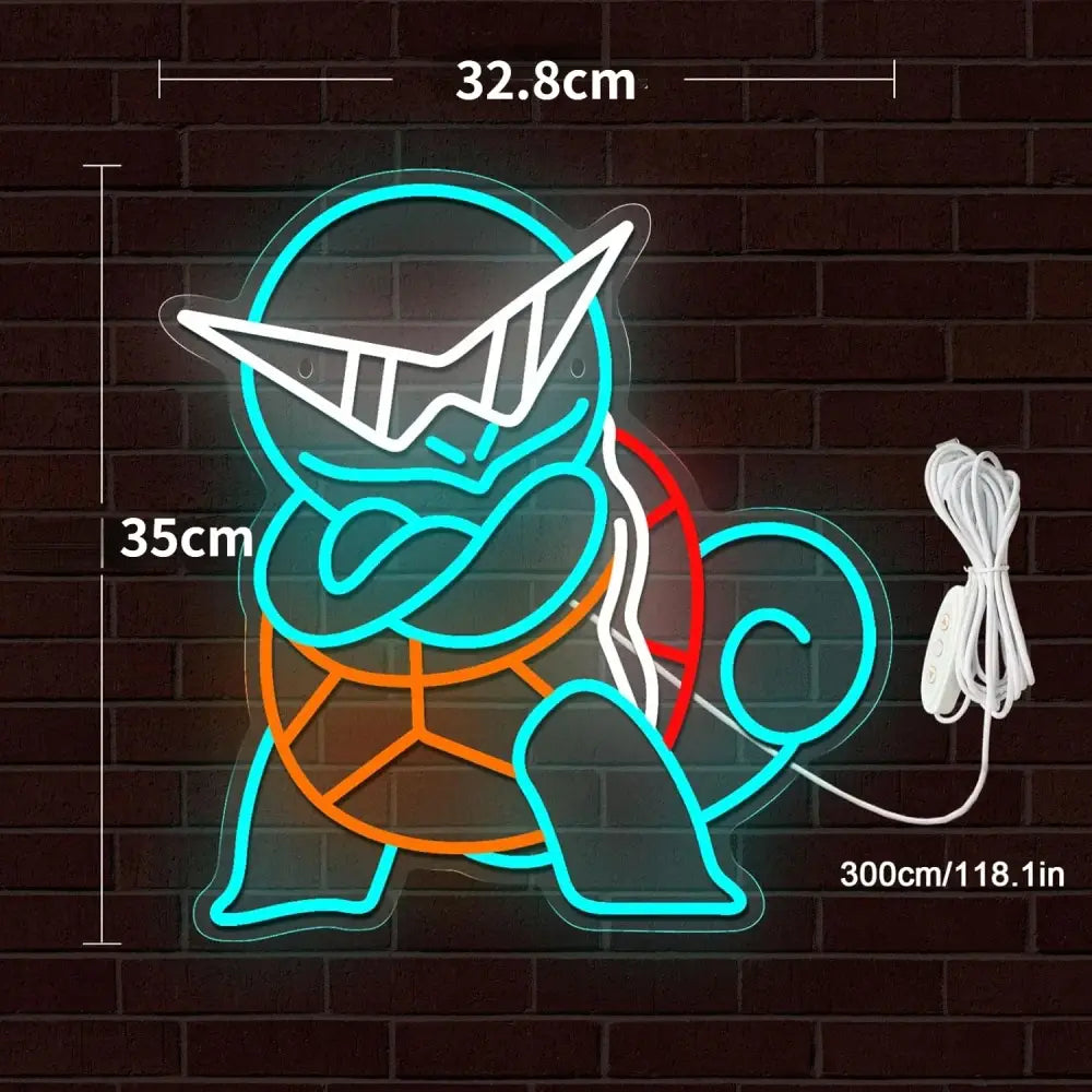 Pokemon squirtle neon sign glowing turquoise and orange usb dimmable led wall decor with squirtle wearing sunglasses