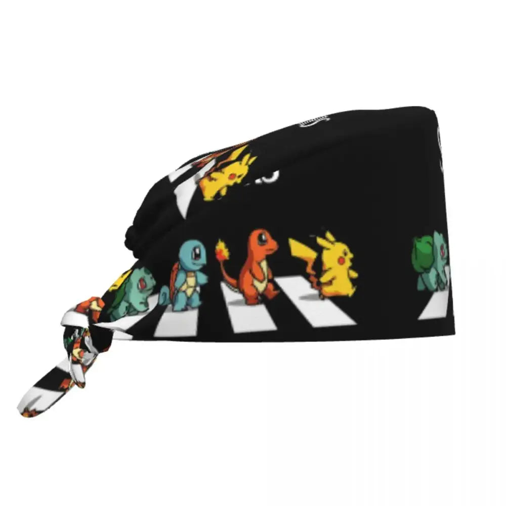 Black cotton surgical scrub cap with playful pokémon characters crossing a zebra-striped street print