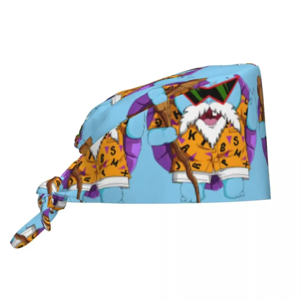 Vibrant blue cotton surgical scrub cap featuring cartoon white-bearded character in orange shirt for medical use