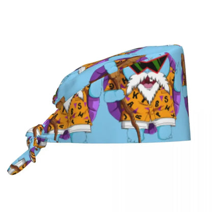 Vibrant blue cotton surgical scrub cap featuring cartoon white-bearded character in orange shirt for medical use