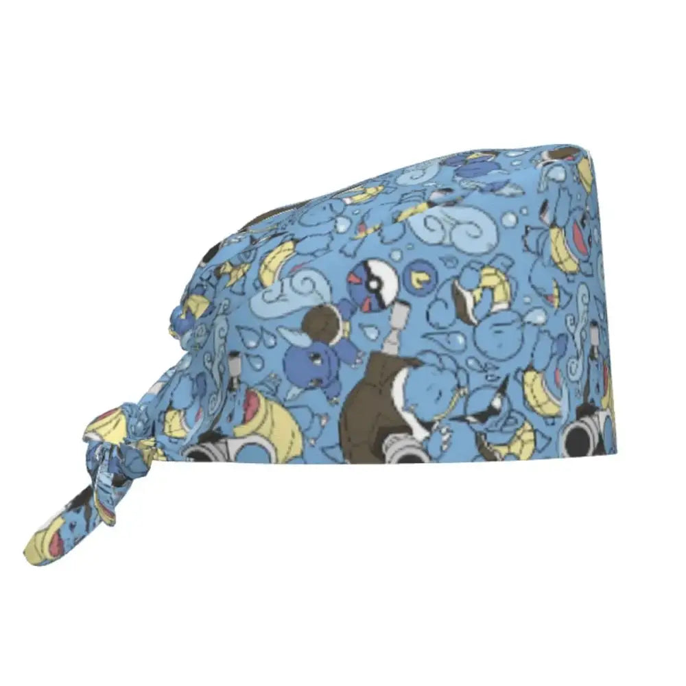 Blue patterned cotton surgical scrub cap featuring lively pokémon characters in blue yellow and brown tones