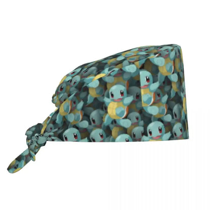 Teal and yellow squirtle surgical scrub cap with tied-back strap made of cotton for medical use