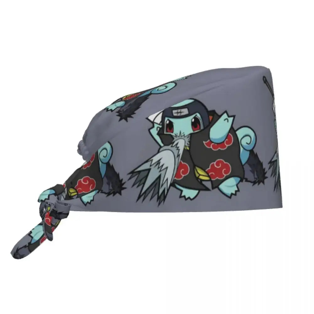 Gray cotton surgical scrub cap featuring squirtle dressed as akatsuki with red cloud patterns and black cloak