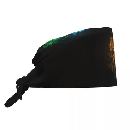 Black cotton surgical scrub cap with vibrant green blue floral and golden flame designs tied at ends for medical use