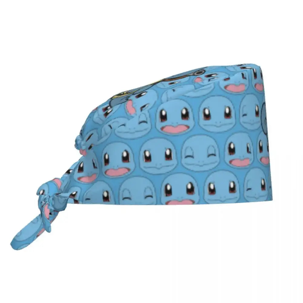 Light blue cotton surgical scrub cap with repeating squirtle faces designed as a pokemon scrub cap