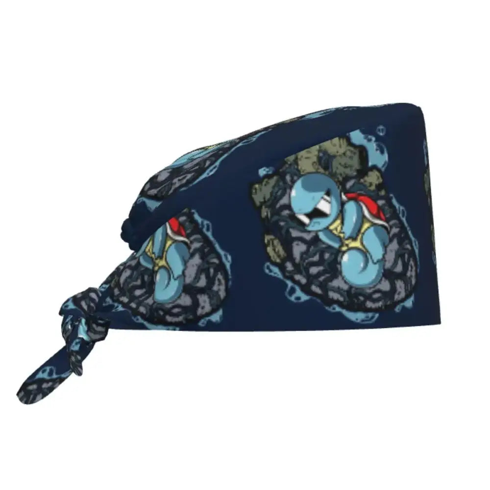 Dark blue cotton surgical scrub cap featuring a repeating squirtle pattern with light blue and red shell accents