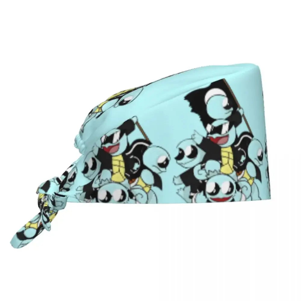 Light blue cotton surgical scrub cap featuring a playful pattern of cartoon squirtle characters in black yellow and white