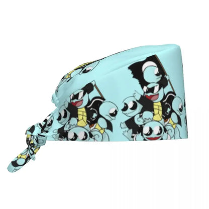 Light blue cotton surgical scrub cap featuring a playful pattern of cartoon squirtle characters in black yellow and white