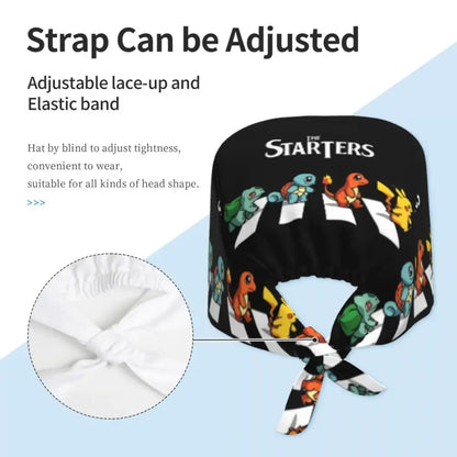 Black cotton surgical scrub cap with colorful pokémon starters design featuring bulbasaur charmander squirtle and pikachu