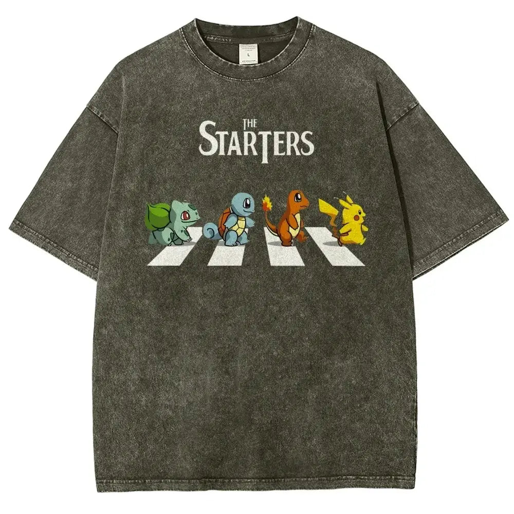 Dark gray distressed cotton t-shirt with pokemon starters abbey road graphic and vintage cotton material design