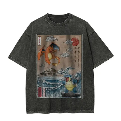 Dark gray oversized cotton t-shirt with acid wash finish featuring vintage japanese print of charizard and blastoise