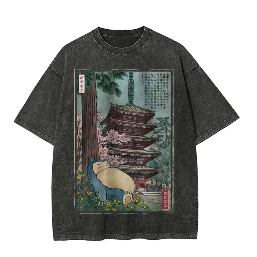 Black distressed cotton pokemon starters abbey road parody oversized tee with acid wash finish and vintage snorlax design
