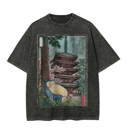 Black distressed cotton pokemon starters abbey road parody oversized tee with acid wash finish and vintage snorlax design
