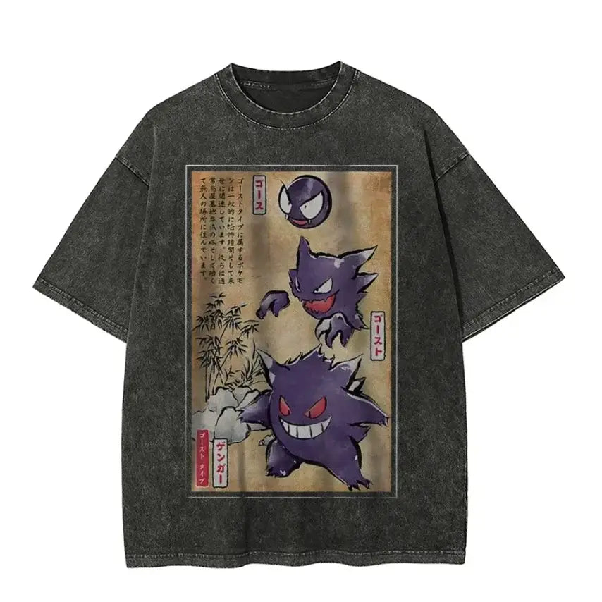 Dark gray distressed cotton t-shirt with acid wash finish featuring vintage japanese print of gastly haunter and gengar