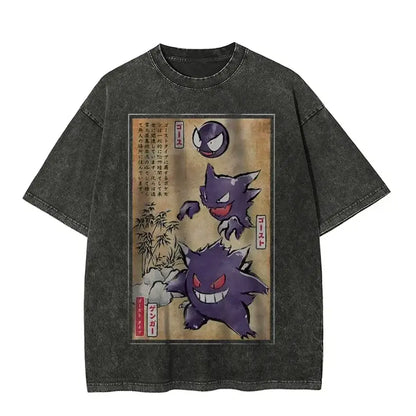 Dark gray distressed cotton t-shirt with acid wash finish featuring vintage japanese print of gastly haunter and gengar