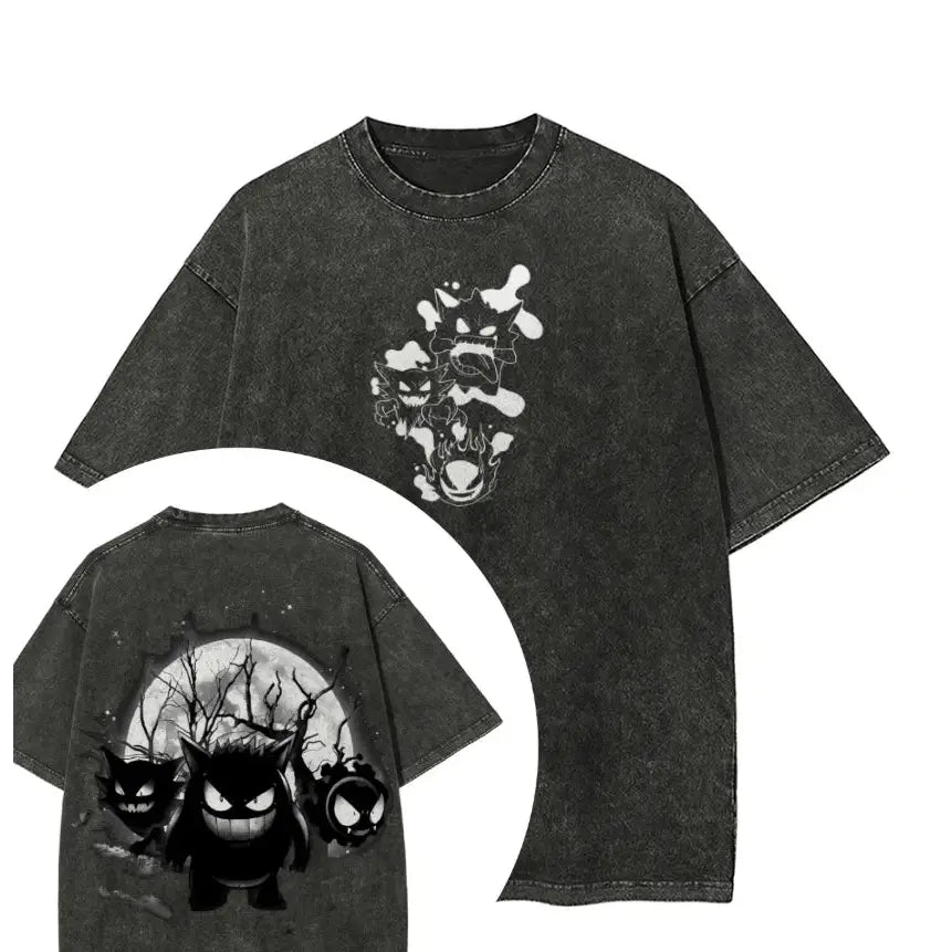 Black distressed cotton pokemon starters abbey road parody oversized tee with acid wash finish and gengar prints front and back